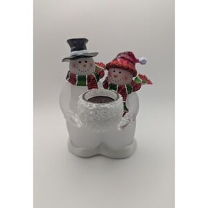 Frosted Snowman Couple Figurine Votive Candle Holder Glitter Accents Christmas
